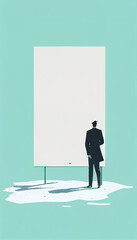 Obraz premium One sigle guy ahead of a banner. Young man in front of a board. Person before a wall. Young adult just before a poster. An adult in the presence of a wall. Background with copy space. Ai generated.