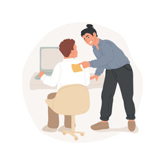 Office jokes isolated cartoon vector illustration. Laughing man pasting a sticker on the back of his co-worker in office, public holiday, having fun on Fools day together vector cartoon.