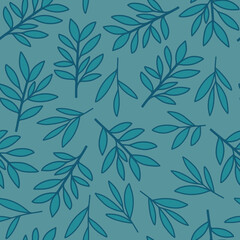 Brunches and leaves seamless pattern. Hand drawn small leaf silhouettes in blue shades allover print