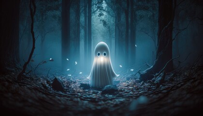 Cute funny ghost in a forest. Created with Generative AI.