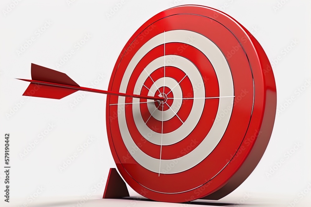 Poster picture of a dartboard with a red arrow pointing towards it, isolated on white. generative ai