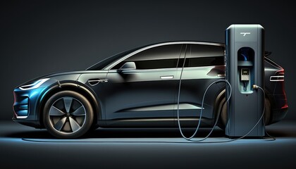 Electric car charging. Created with Generative AI.