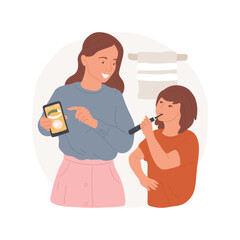 Brushing app isolated cartoon vector illustration. Mom and her daughter holding smartphone in hands, brushing app on the screen, family lifestyle, children hygiene rules vector cartoon.