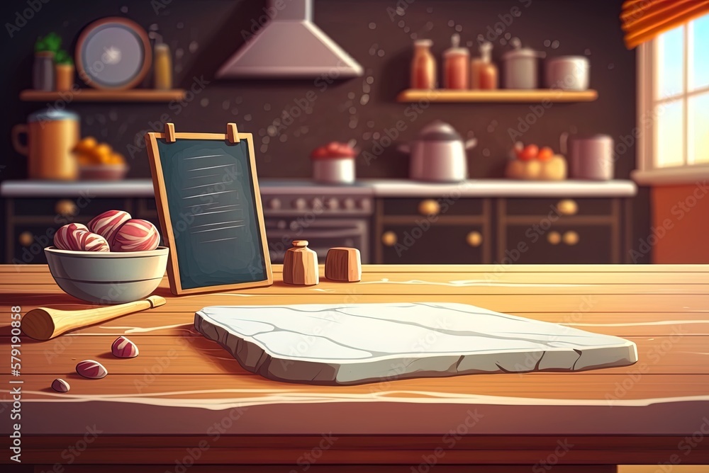 Poster an empty table with a marble surface in front of a hazy kitchen backdrop. generative ai