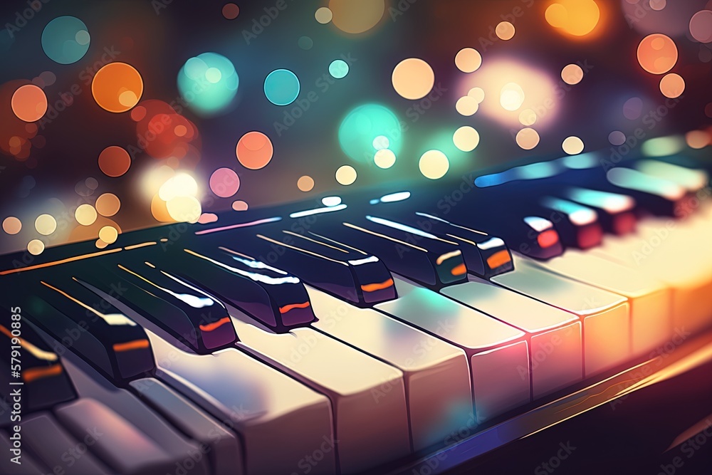Poster image of piano keys on a bokeh backdrop generative ai