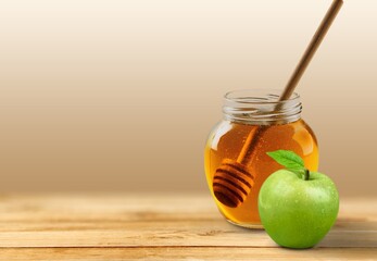 Tasty fresh ripe juicy apples fruits and honey