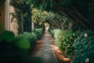 Immersive Virtual Reality: A Beautifully Detailed Green Alley with Trees and Plants for an Ultra-Wide Angle Bokeh Experience in Unreal Engine 5 , Generative ai