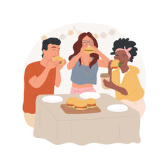 Burger place isolated cartoon vector illustration. Teenage friends laughing and eating burgers together, adolescent meal preference, smiling teens hangout at restaurant vector cartoon.