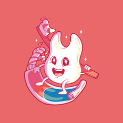 Obraz premium Tooth character surfing a toothpaste tube vector illustration. Health, dentist, funny design concept.