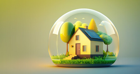 Cute little house in 3D style under transparent dome. Generative AI - 579191039