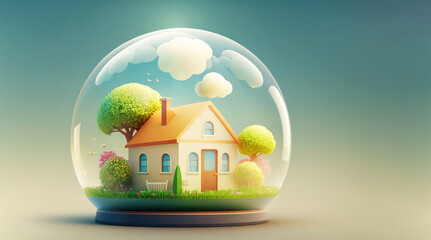 Cute little house in 3D style under transparent dome. Generative AI