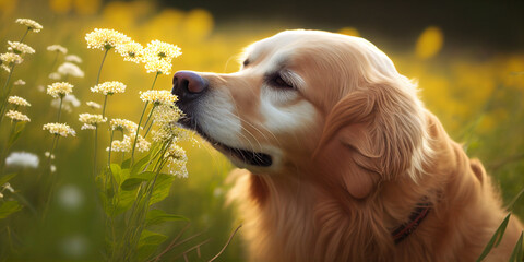 golden retriever smelling flowers
