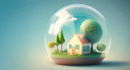 Cute little house in 3D style under transparent dome. Generative AI - 579191049