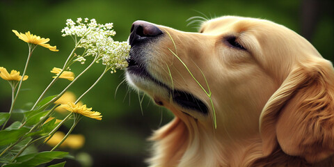 golden retriever smelling flowers