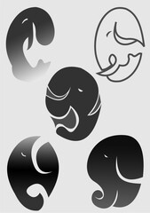 Vector images of elephants used in graphics and tattoos.