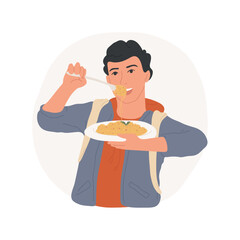Hungry after school isolated cartoon vector illustration. Hungry boy eating spaghetti after school, teenage eating habits, adolescent meal preference, brutal appetite mood vector cartoon.