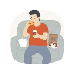 Junk food isolated cartoon vector illustration. Teenagers bad habits, overweight teenage boy has junk food addiction, bad nutrition, eating unhealthy food, obesity issues vector cartoon.