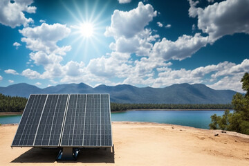 Power solar panel on landscape sandy beach and lake views nature forest mountain views with blue sky white cloud, Generative AI	