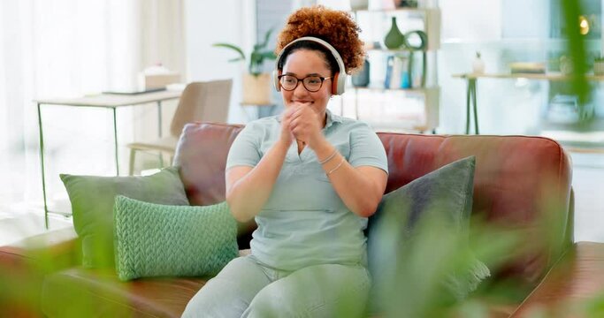 Music Headphones, Dance And Black Woman On Sofa Having Fun In Home Living Room. Freedom, Carefree And Smile Of Happy Female Dancing On Couch In Lounge While Streaming Song, Audio Podcast Or Radio.