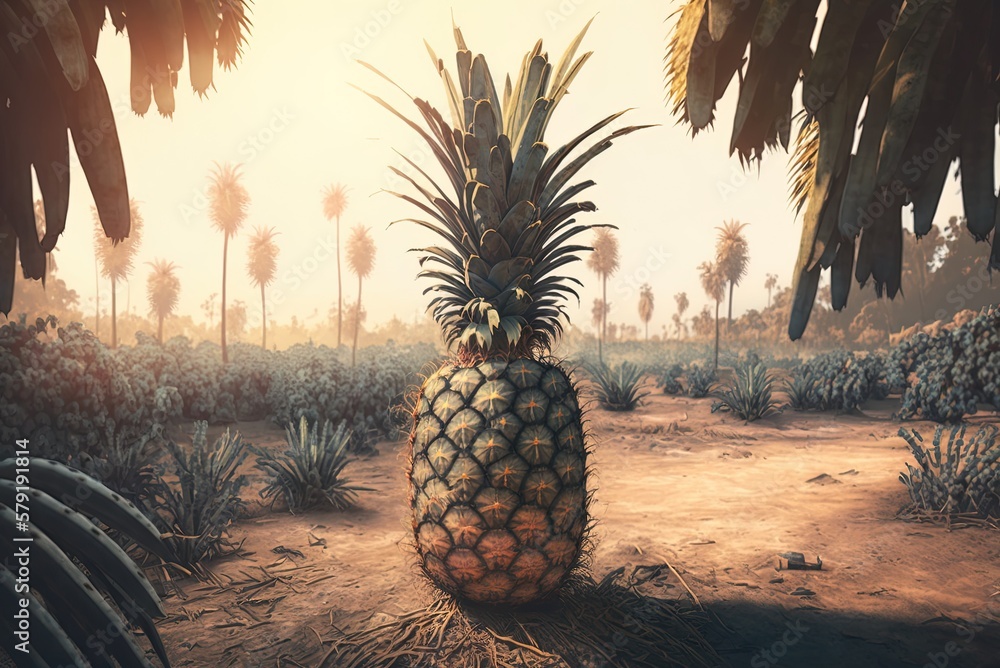 Poster pineapples growing in the sun on a field generative ai
