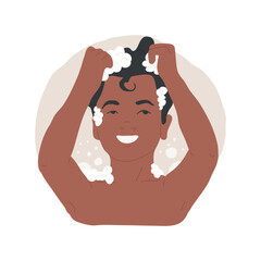 Taking shower isolated cartoon vector illustration. Happy boy taking shower in bathroom, adhering to personal hygiene, teens morning routine, washing hair with shampoo vector cartoon.