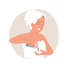 Body lotion isolated cartoon vector illustration. Attractive girl applying body lotion after taking shower, smiling young woman making skin cleansing, body care at home vector cartoon.