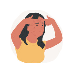 Teenage acne isolated cartoon vector illustration. Problem skin, sad girl trying squeezing pimple on her forehead, beauty care, teenager fighting acne, woman complexes vector cartoon.