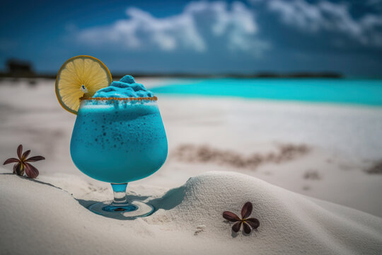 A glass of delicious blue cocktail Blue Lagoon and yellow lemons on the background of the sea, ocean. ai generative
