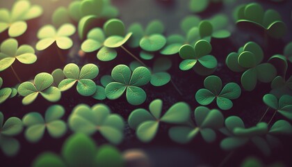 Green background texture with four-leaved shamrocks