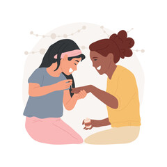Painting nails isolated cartoon vector illustration. Teenage friends spend leisure time together painting nails, hanging out and making manicure, girls meeting at home vector cartoon.
