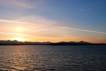 A beautiful sunset over the mountains of southern Vancouver Island as seen from Valdes Island