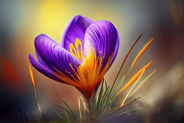 A Violet Crocus in a Burst of Spring Colour: Nature's Floral Beauty on a Meadow: Generative AI