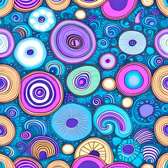 A whimsical and playful seamless pattern featuring abstract lines and shapes in shades of pink and purple. Generative AI