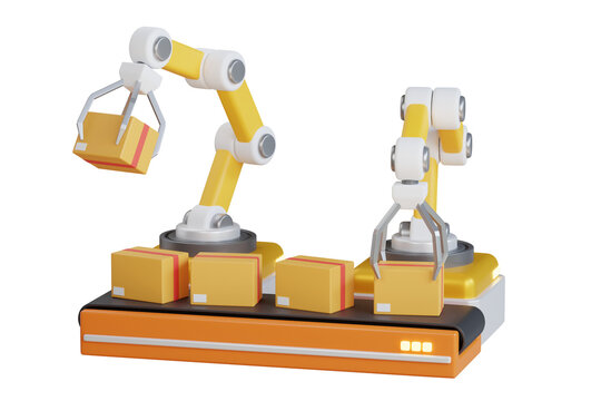 3D Illustration of factory machine with conveyor and engineering robot arm sorting yellow box. Technology of modern industrial manufacture at automatic conveyor belt of factory line.
