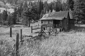 Historic cabin in the Colorado mountains, black and white