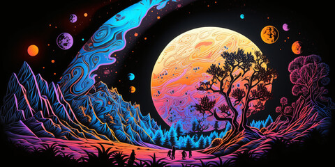 Obraz premium Bunte Mondlandschaft - Psychedelisch, Kunst mit KI erstellt 