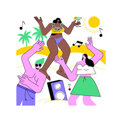 Obraz premium Beach party isolated cartoon vector illustrations. Happy people in swimsuits dancing at beach party together, outdoors activity, summer vacation, travelling with friends vector cartoon.
