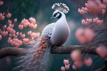 Beautiful white peacock with delicate feathers. Pink cherry blossom tree with ethereal bird. Spring flowers.