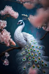 Fototapeten Beautiful white peacock with delicate feathers. Pink cherry blossom tree with ethereal bird. Spring flowers. © Fox Ave Designs