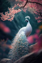 Beautiful white peacock with delicate feathers. Pink cherry blossom tree with ethereal bird. Spring flowers. © Fox Ave Designs