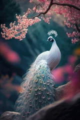 Poster Beautiful white peacock with delicate feathers. Pink cherry blossom tree with ethereal bird. Spring flowers. © Fox Ave Designs