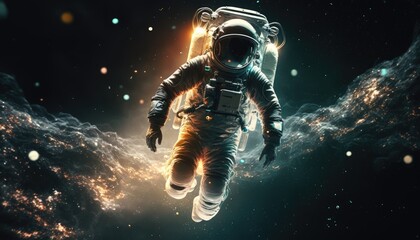 Fototapeta premium Astronaut floating in outer space. Zero gravity alien spacesuit in cosmos, universe, galaxy background.