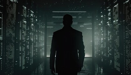 Business man silhouette in computer control server room. Data, technology, circuit. Man in business, computer hub.