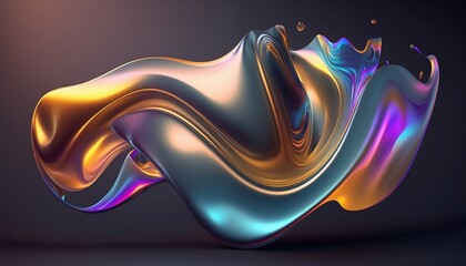 Abstract Iridescent Holographic 3D Shape Render with Organic Wavy Colorful Gradient Material and Metallic Shine for Background, generative ai

