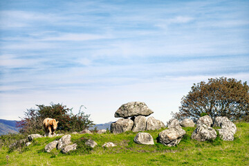 Carrowmore Neolithic megalithic burial complex 5000+ years old below Knocknarea Mt., Sligo,...