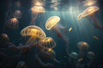 Fototapeta na wymiar jellyfish under water created with Generative AI technology