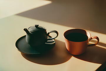 A hot cup of coffee on a table, flanked by a nearby pot, might not reveal the inviting, comfortable ambience it exudes. This is an ideal place to relax. created by Artificial Intelligence.