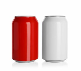 Aluminum cans with drinks on white background