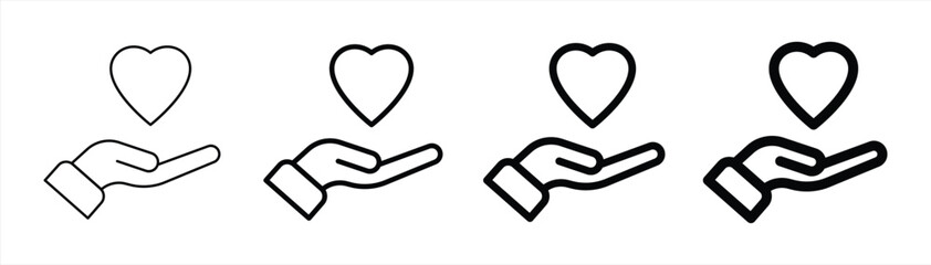 hand hold love icon set. thin to thick heart in hand icon symbol sign collections on transparent background, vector illustration