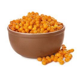 Bowl with fresh ripe sea buckthorn berries on white background